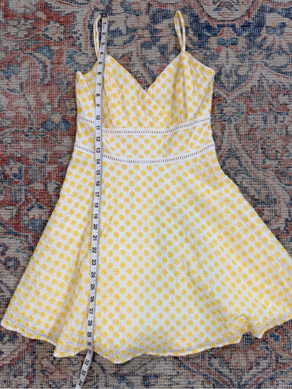 White Yellow Floral Eyelet Sundress 100%Cotton Flare Sorority Rush Cottagecore 5 - Picture 6 of 10